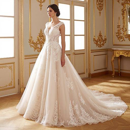 Photograph of a slender, dark-haired bride in a white lace, sleeveless, V-neck, ball-gown wedding dress, standing in an orn