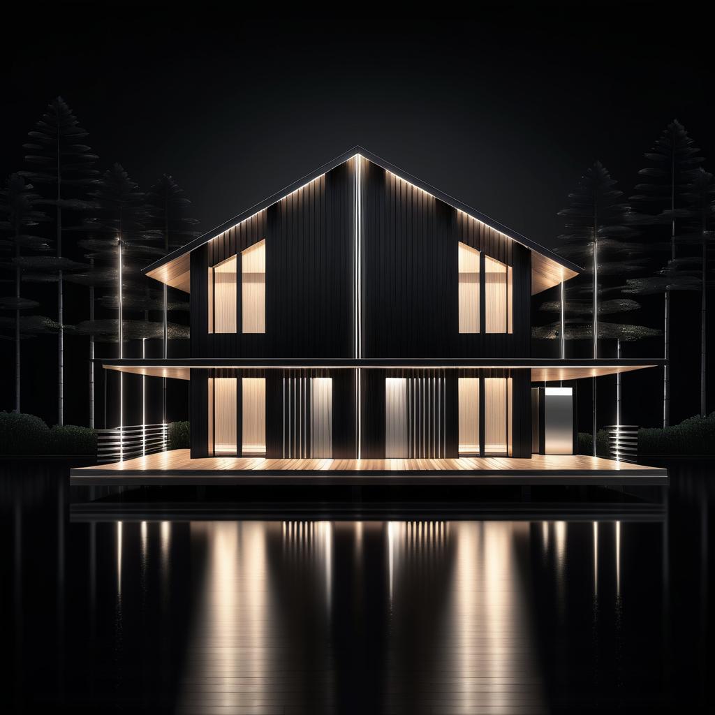 Elegant Lakeside Wooden House Illustration