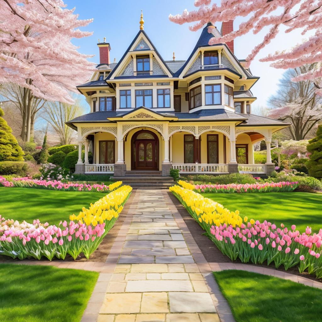 Elegant Victorian Mansion in Springtime Blooms