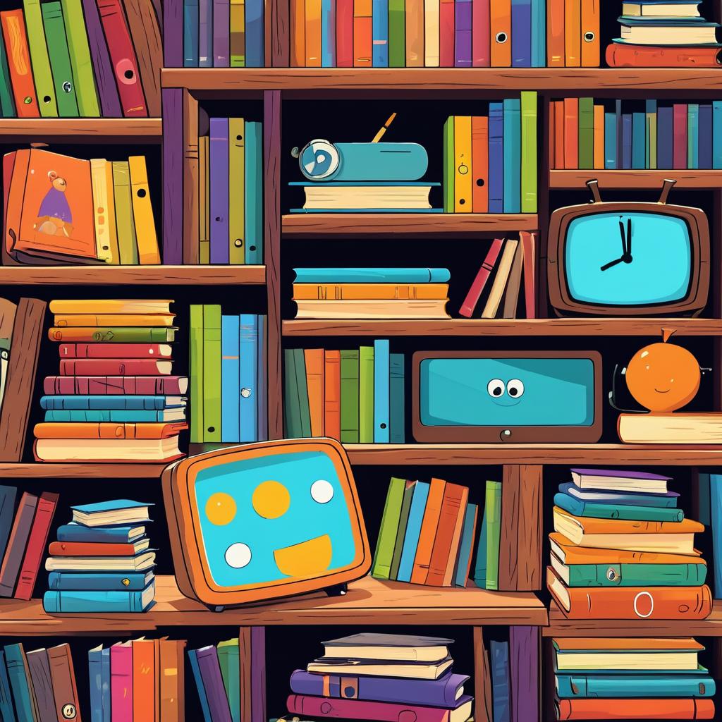 Whimsical Cartoon of Books and Smartwatch