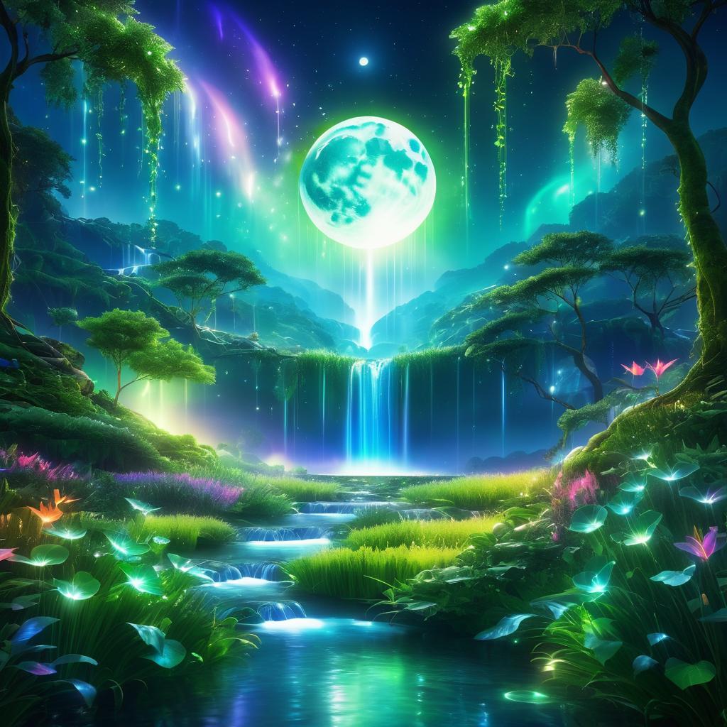 Serene Avatar-Style Meadow with Moonlit Waterfall