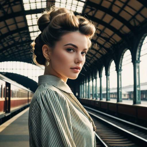 Retro Updo Hairstyle Woman at Vintage Train Station