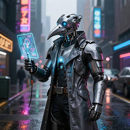 Cyberpunk robot in silver armor with bird mask, glowing blue eye, and holographic display, stands on a neon-lit, rainy city street