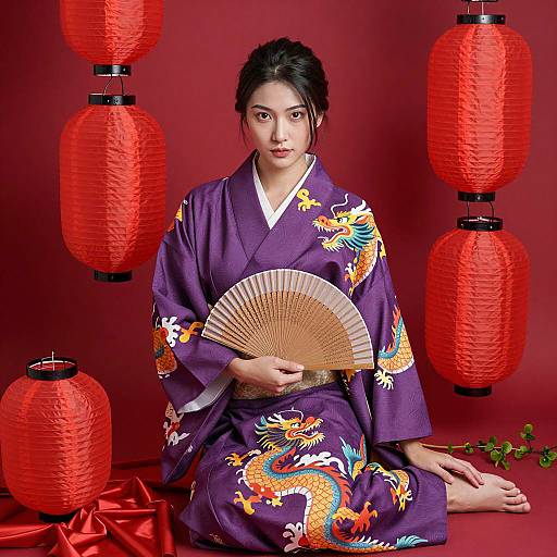 Asian Woman in Purple Dragon Kimono with Fan