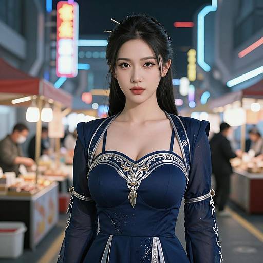 Futuristic Woman in Neon Night Market
