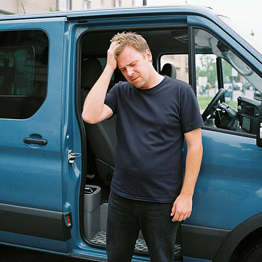 Photograph of a tired, blonde man in a black t-shirt and jeans, standing beside an open blue van door, rubbing his head. Urban background