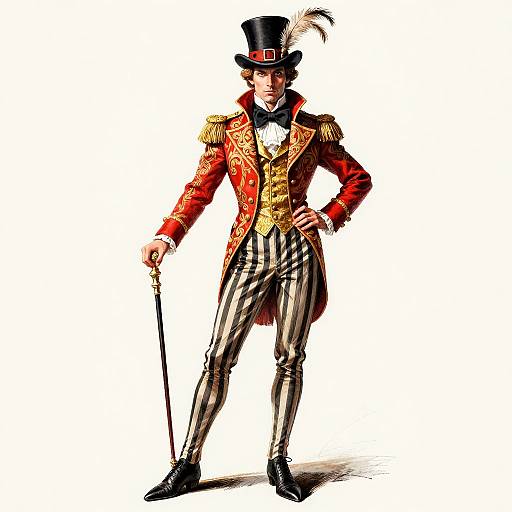 Digital illustration of a confident, 18th-century-style magician in a red jacket, black striped pants, top hat with feather, holding a cane.