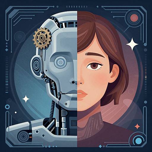 Digital illustration of a split-face woman, left side robotic with gears, right side human, contrasting blue and pink backgrounds.