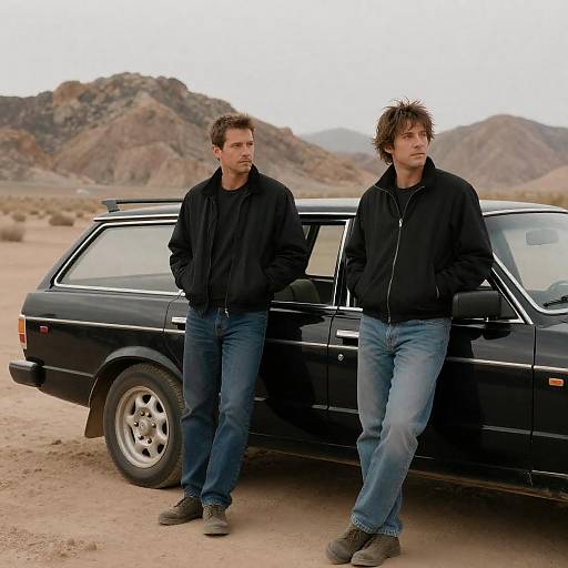 Two Men Beside Vintage Station Wagon
