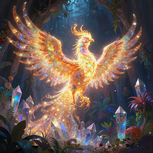 Bioluminescent Phoenix Rising in Crystal Cavern