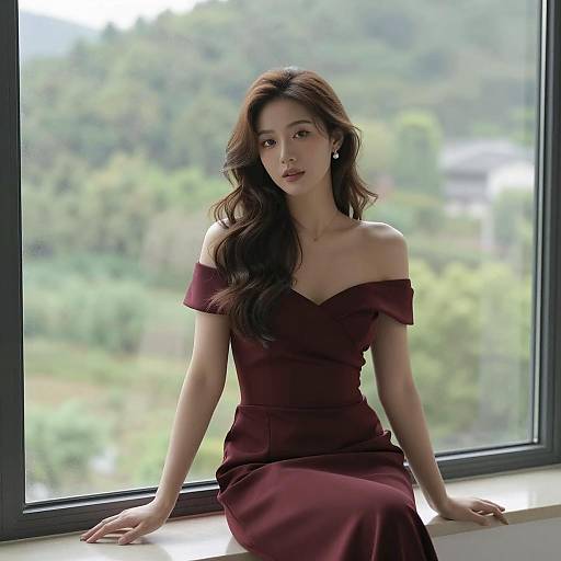 Elegant Woman in Burgundy Gown by Window