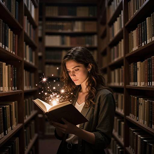 Photograph of a young woman with wavy brown hair, wearing a black jacket, reading a glowing book with sparkles in a dimly lit library