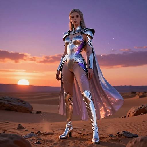 CGI image of a blonde woman in a shimmering silver armor bodysuit, cape, and boots, standing in a desert at sunset.