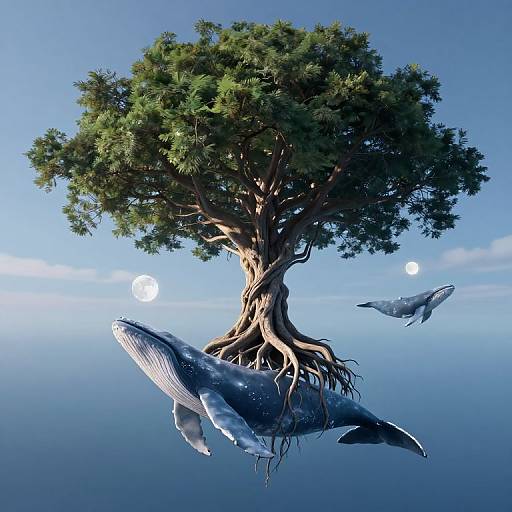 Photorealistic digital artwork of a tree with roots connected to three whales, floating in a serene blue ocean under a bright sky with a full moon.