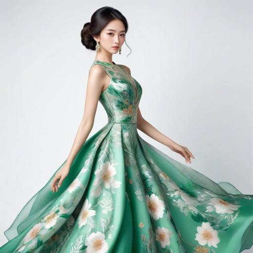Elegant East Asian Woman in Floral Gown