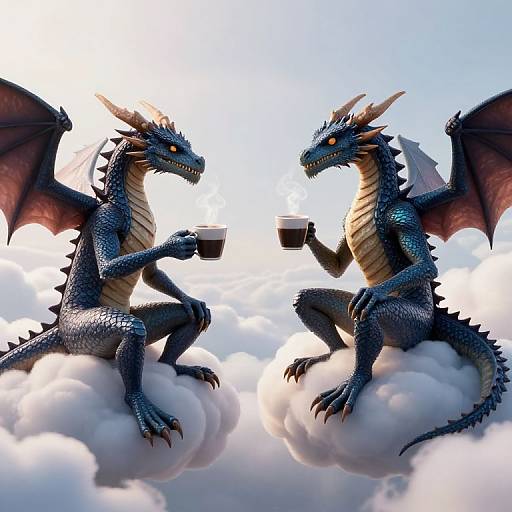 Digital artwork of two blue dragons with red wings, sitting on clouds, holding coffee cups, facing each other against a bright sky.