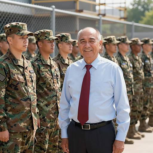 Middle-Aged Man with Military Personnel