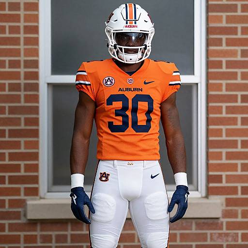 Photograph of an African American male football player wearing an orange Atlanta Falcons jersey with 