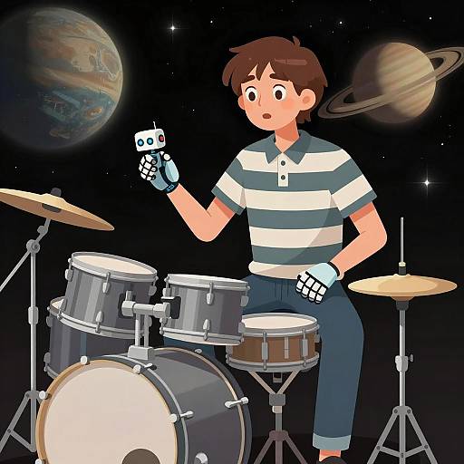 Futuristic Drummer in Cosmic Setting
