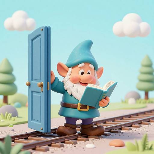 Cartoon gnomes stands on railway, holding open blue door, reading book under bright blue sky with clouds and trees.