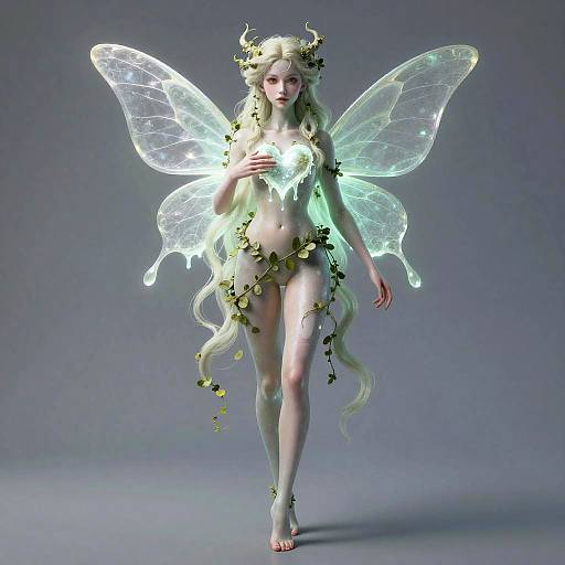 Digital art of a nude, ethereal fairy with glowing, translucent wings, long white hair, and vine-like adornments, standing on a gray background