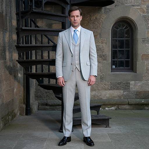 Photograph of a handsome man in a light gray three-piece suit, white shirt, and black shoes, standing in front of a stone building with a