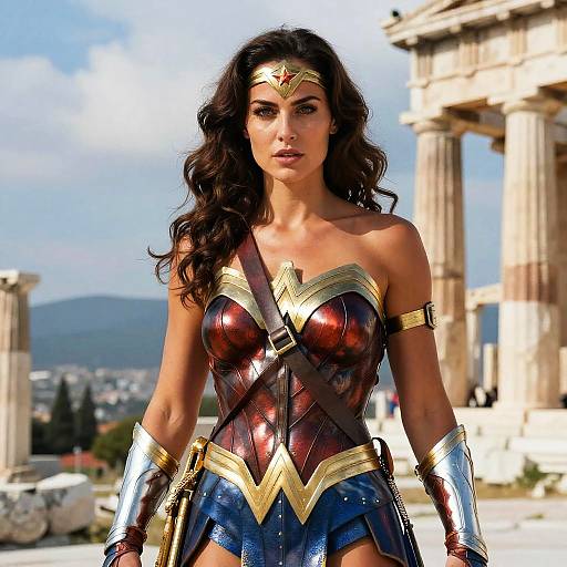 Photograph of Wonder Woman with long dark hair, red and gold armor, blue skirt, and silver bracelets, standing in front of ancient Greek columns.