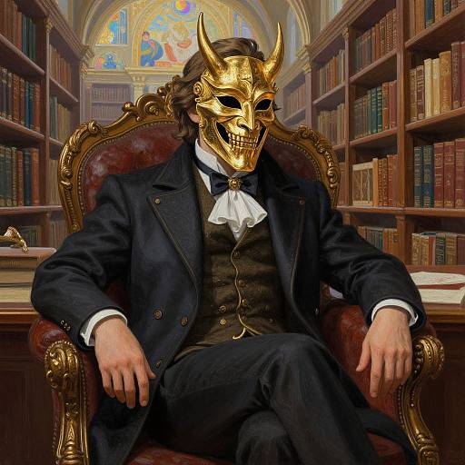 Mysterious figure in 18th-century black suit, white cravat, and gold horned mask, seated in ornate library chair, surrounded