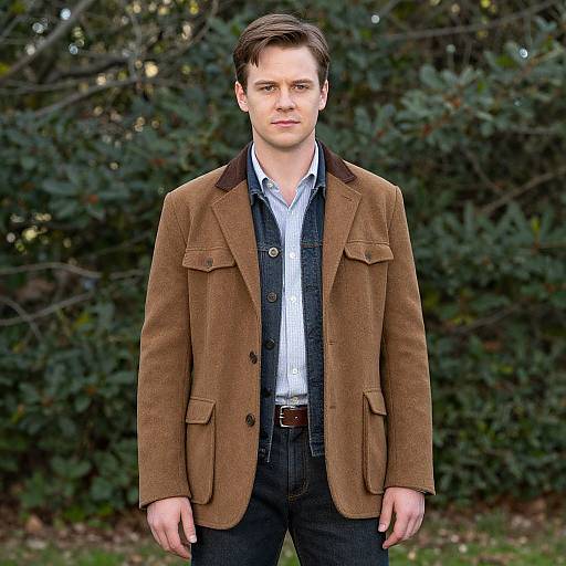 Photograph of a white man with short brown hair, wearing a brown corduroy blazer, black shirt, dark jeans, standing outdoors in front