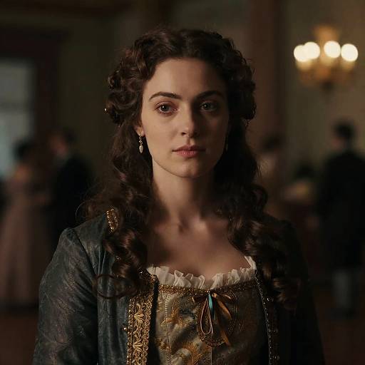 Photograph of a young woman with curly dark hair, wearing an ornate, Victorian-style dress with gold embroidery, standing in a dimly lit,