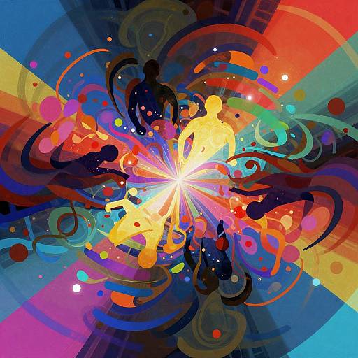 Vibrant abstract digital artwork featuring a bright yellow sunburst at the center, surrounded by colorful swirls, splatters, and overlapping patterns in red