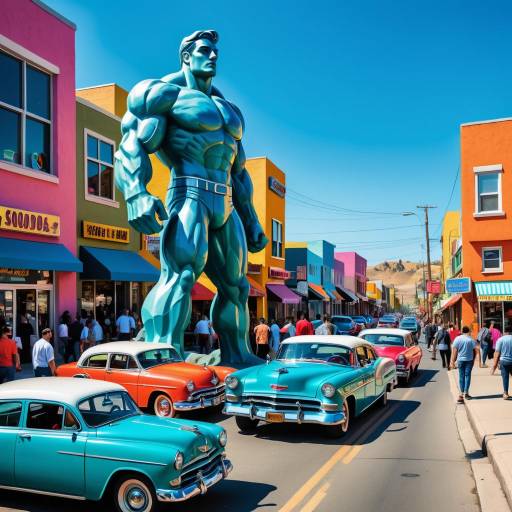 Vibrant Urban Street with Giant Statue and Vintage Cars