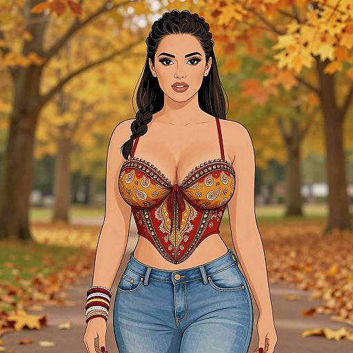 Digital illustration of a curvy woman with long black hair, wearing a patterned red and orange corset top and blue jeans, standing in an autumn