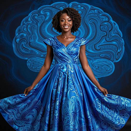 Elegant Black Woman in Blue Silk Dress