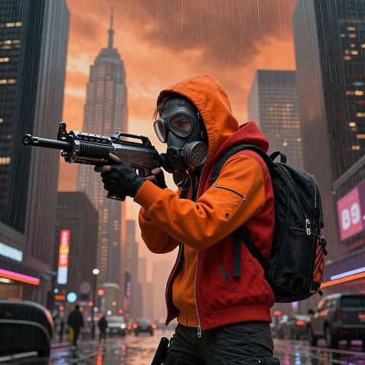 Photograph-style digital art: Gun-wielding, masked, hooded figure in orange jacket, black backpack, standing in rainy, neon-lit urban