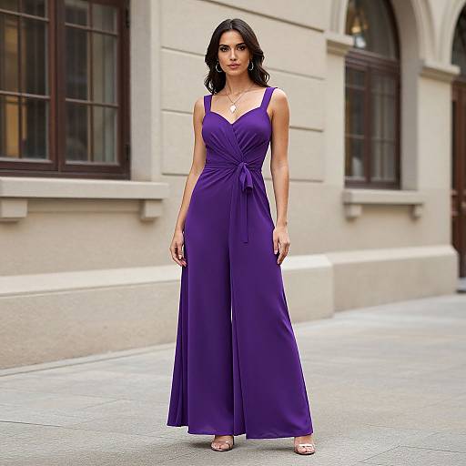 Photograph of a black-haired woman in a sleeveless, deep purple, floor-length dress with a tied waist, standing on a city street in front