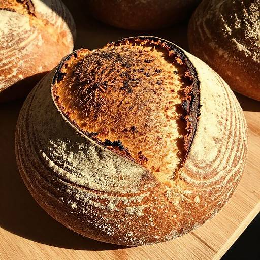 Photograph of a golden-brown, crusty round bread loaf with a cracked top, dusted with flour, on a wooden surface.