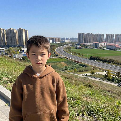 Young Boy on Grassy Hill with Cityscape