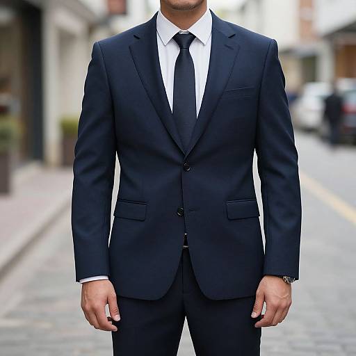 Photograph of a man in a black suit, white shirt, and black tie, standing on a blurred urban street.
