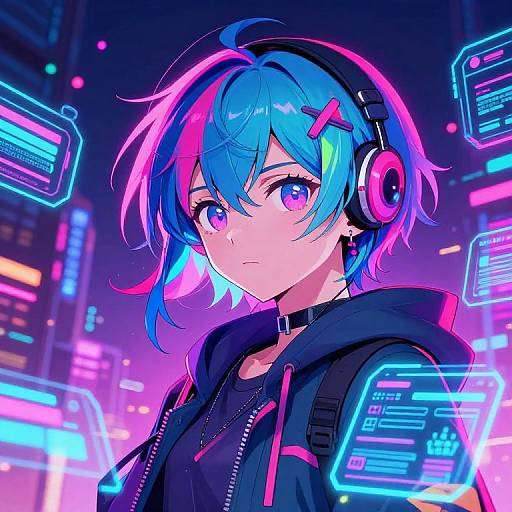 Digital anime-style portrait of a blue-haired girl with pink highlights, wearing black headphones, neon-lit city background, glowing cybernetic interfaces.