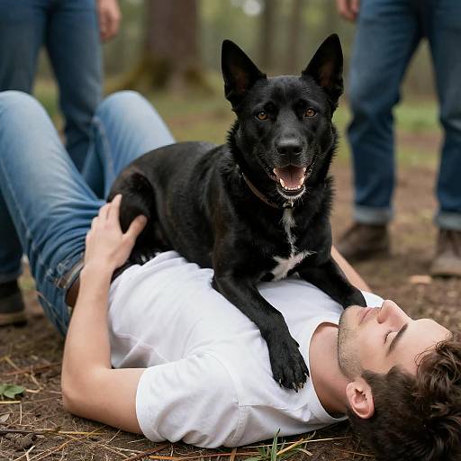 Man and Dog in a Forest Moment
