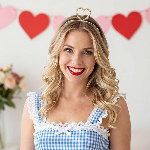 Blonde woman with curly hair, red lipstick, blue checkered dress with lace trim, gold heart headband, smiling, red heart backdrop.