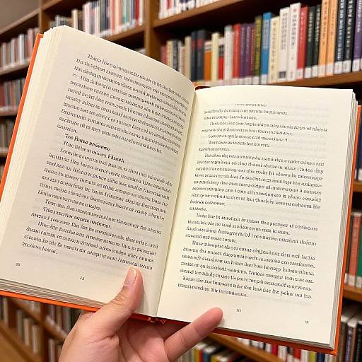Photograph of a hand holding an open book with text, against a blurred background of a bookshelf filled with books.