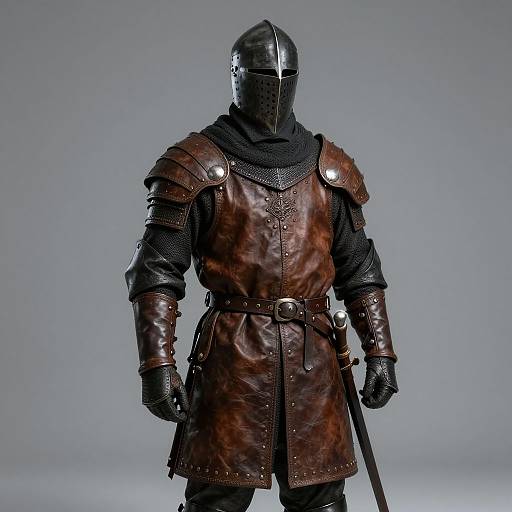 Photograph of a medieval knight in full dark brown leather armor with metal shoulder plates, black mesh mask, and black gloves, holding a sword, against