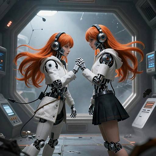 Digital art: Two female robots with long red hair, white jackets, and black skirts, face each other in a futuristic spaceship corridor, wearing headphones,