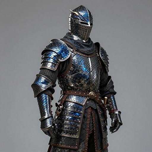 Photograph of a medieval knight in shiny, blue-tinted steel plate armor with a mesh visor, standing against a plain gray background.