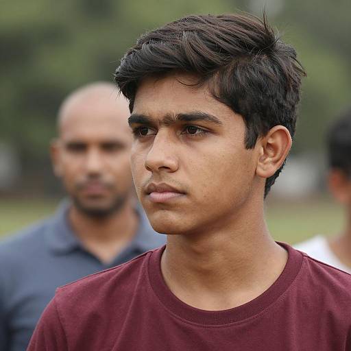 Young Man in Maroon Shirt Looking Sideways
