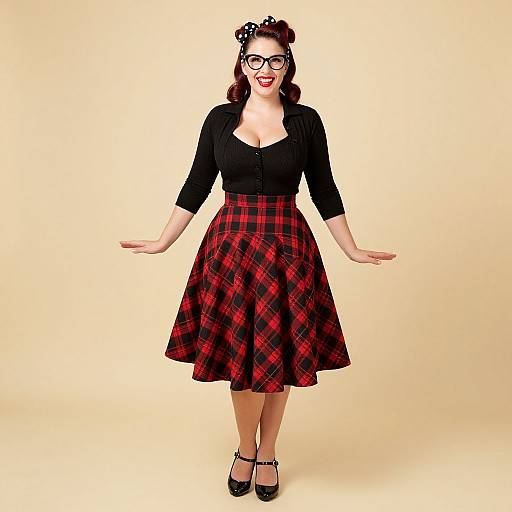 Photograph of a curvy woman with fair skin, red hair, black glasses, black cardigan, red plaid skirt, black heels, smiling