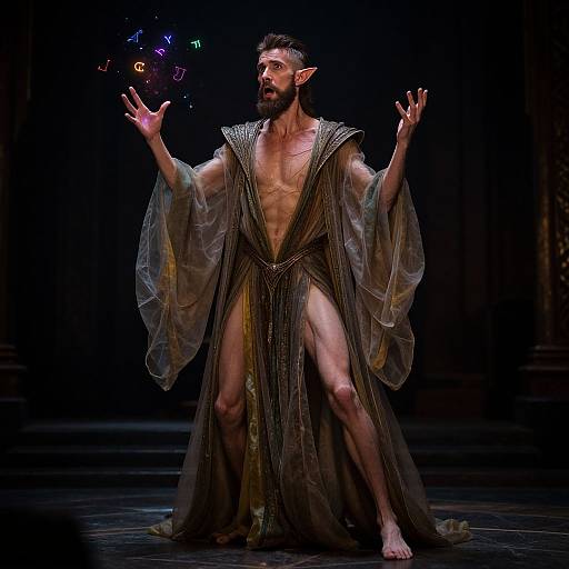 Photograph of a muscular, bearded man with pointed elf ears, wearing a sheer, striped robe, standing on stage, arms raised, glowing mult
