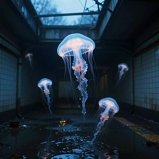 Twilight Descent of Luminescent Jellyfish